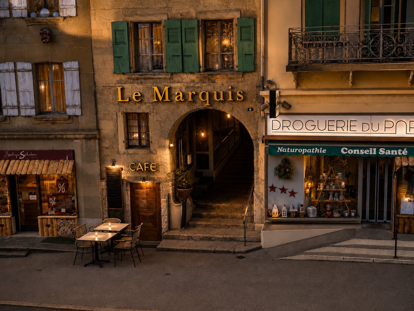 L'arche du Marquis illuminée, à la nuit tombée