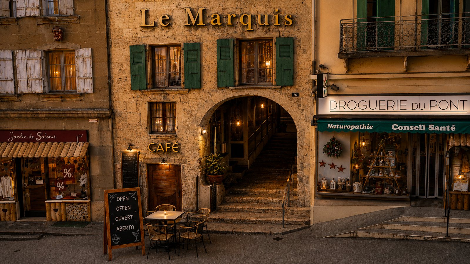 L'arche du Marquis et son enseigne, à la nuit tombée