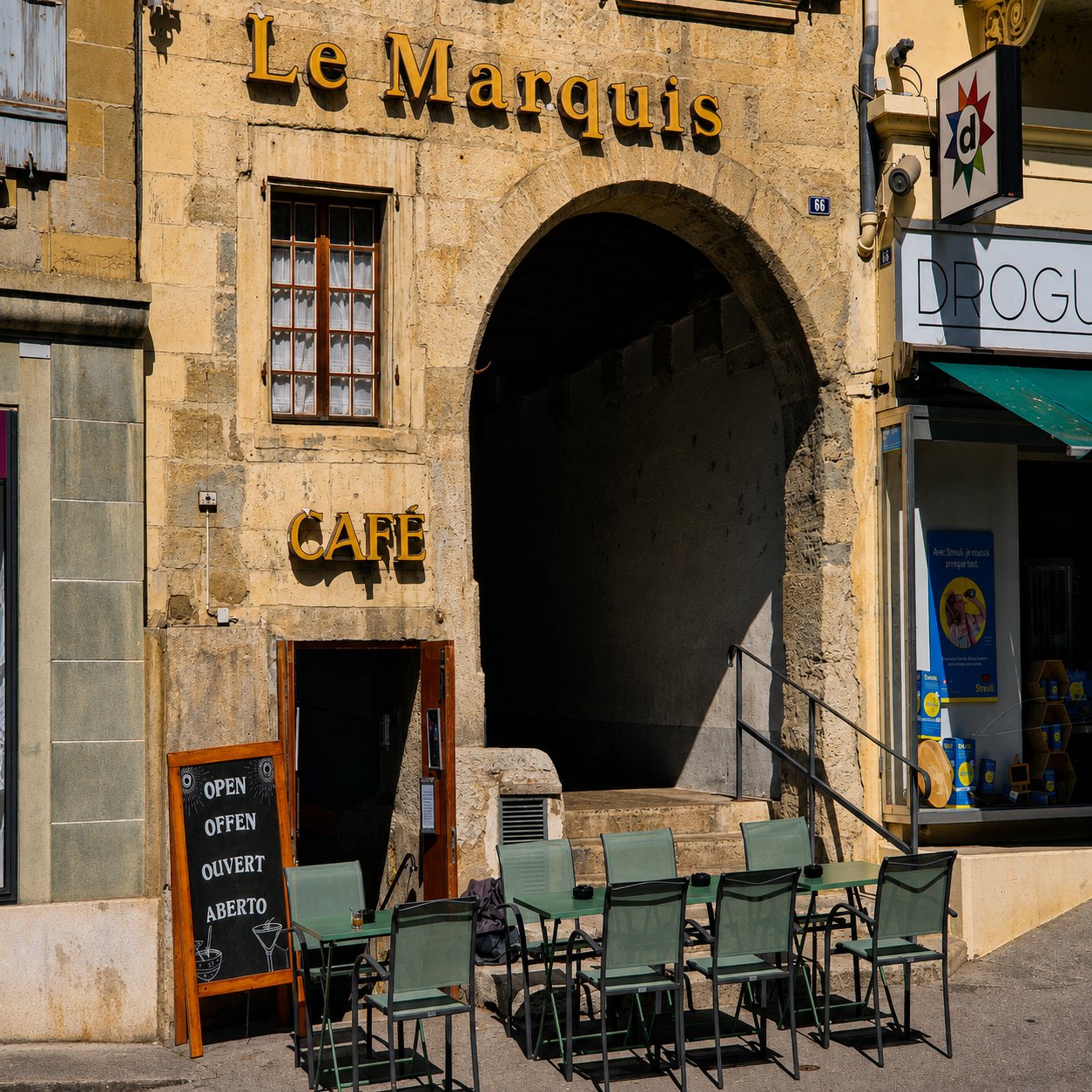 La terrasse devant l'arche du Marquis, en journée