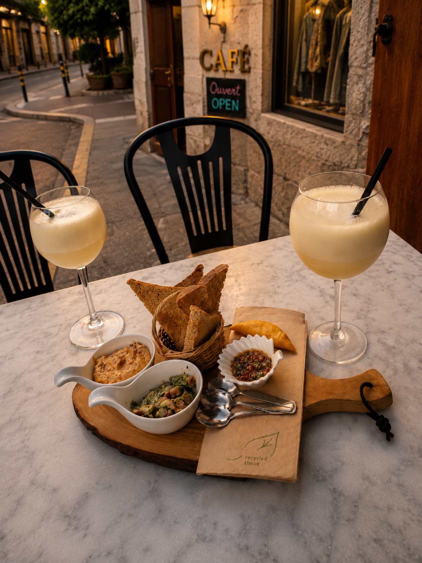 Cocktails et tapas en terrasse, devant le café