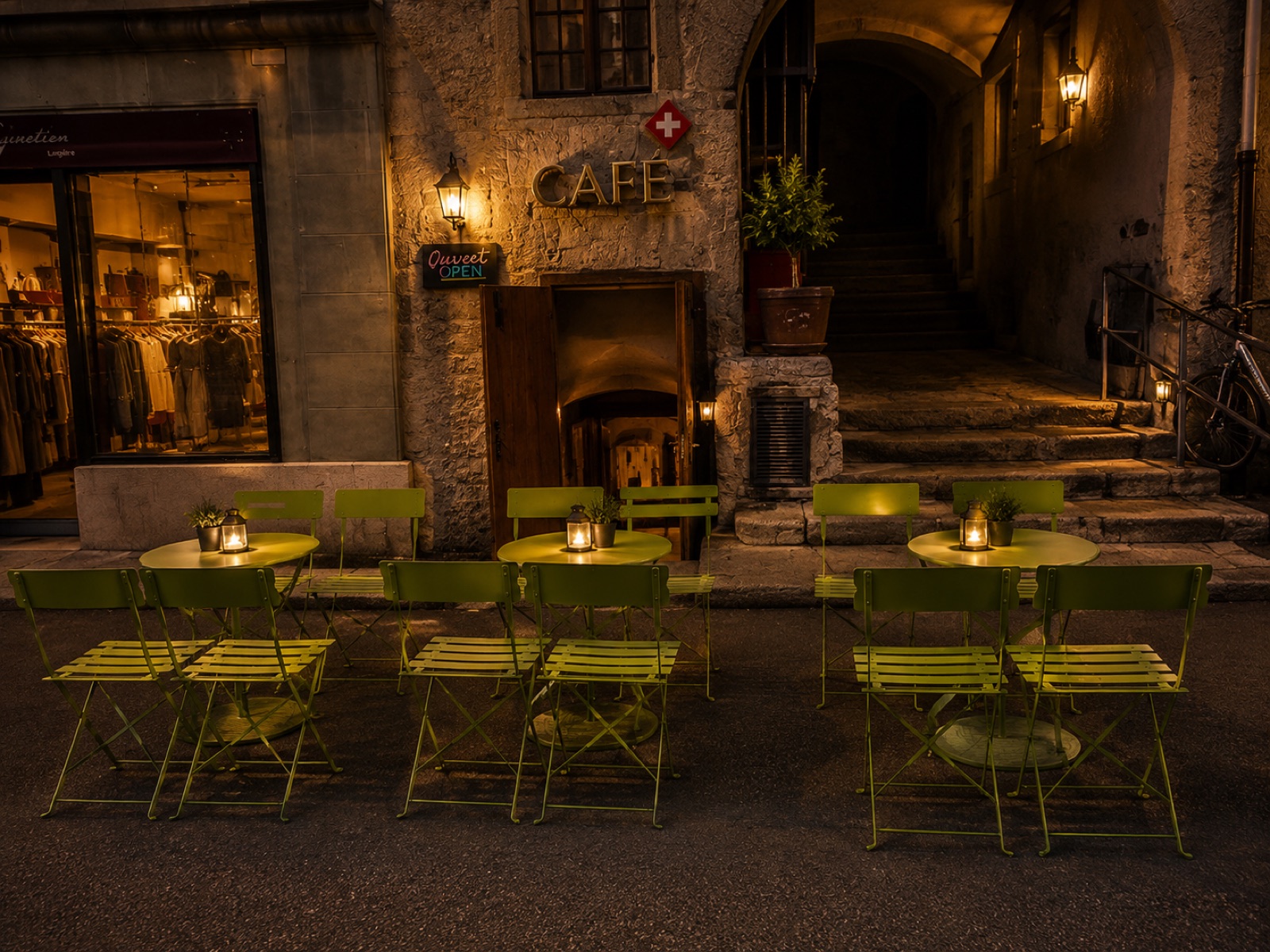 Les chaises de la terrasse, à la nuit tombée
