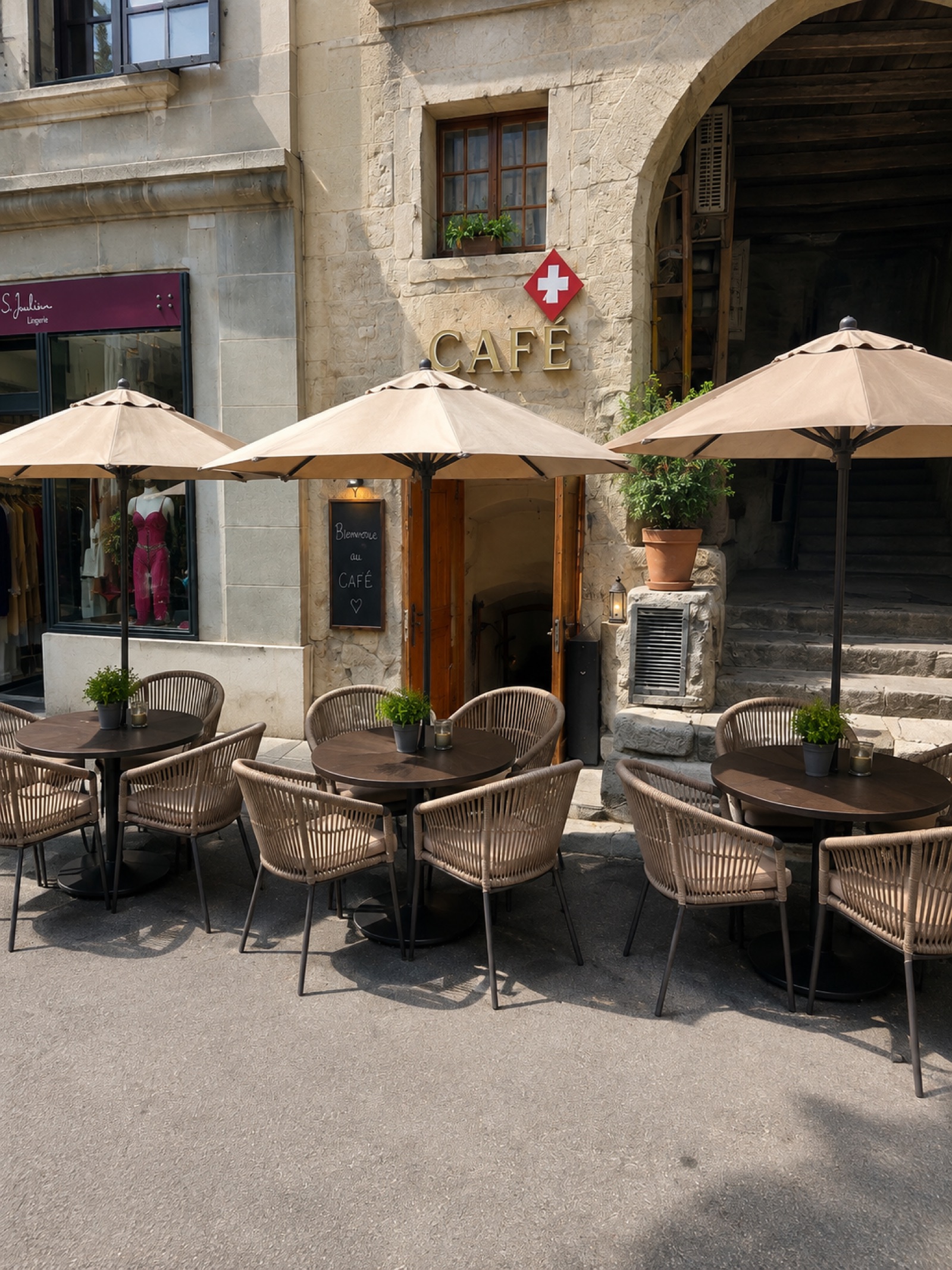 La terrasse et ses parasols en journée