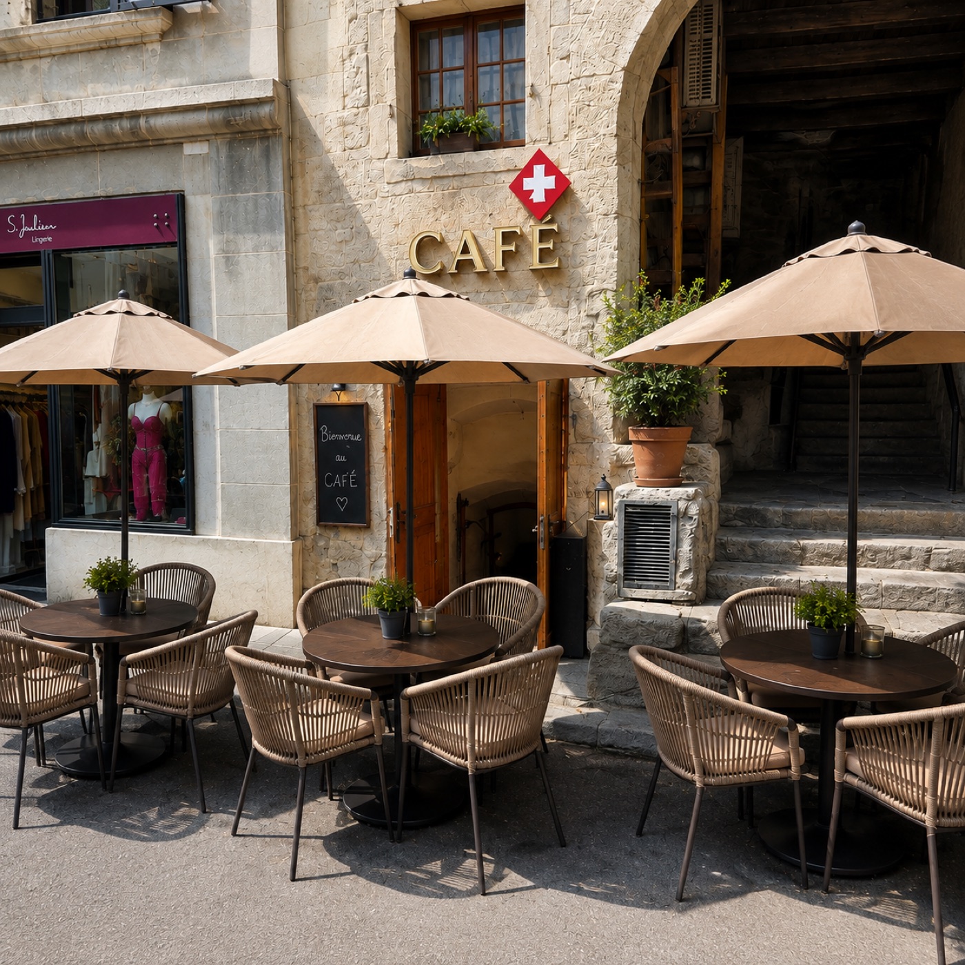 La terrasse et l'enseigne « Bienvenue au Café »