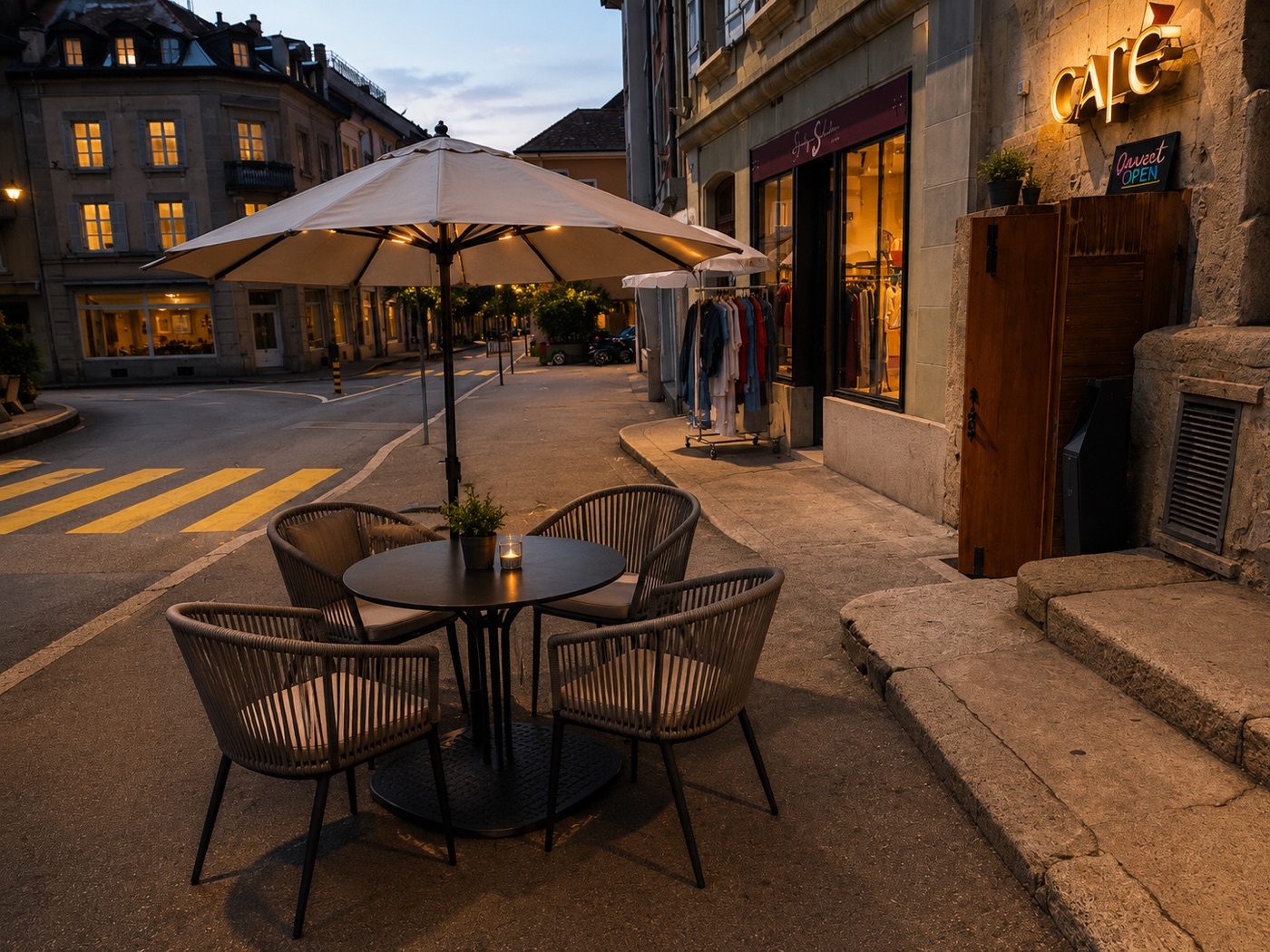 La terrasse et ses parasols beiges, devant le café